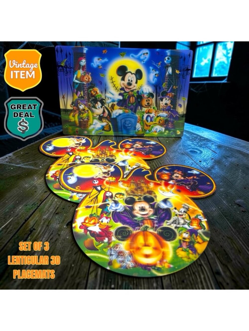 3 Vintage Disney Mickey Halloween Lenticular 3D Holographic Vinyl Placemats.